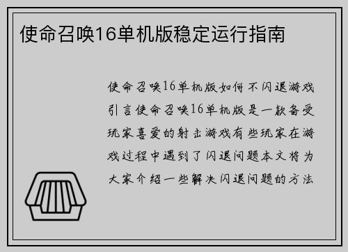 使命召唤16单机版稳定运行指南