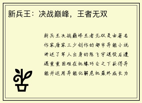 新兵王：决战巅峰，王者无双