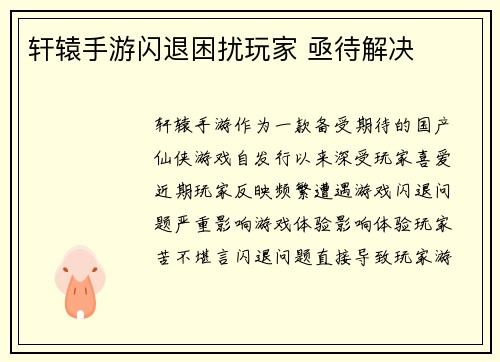 轩辕手游闪退困扰玩家 亟待解决