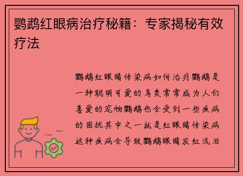 鹦鹉红眼病治疗秘籍:专家揭秘有效疗法